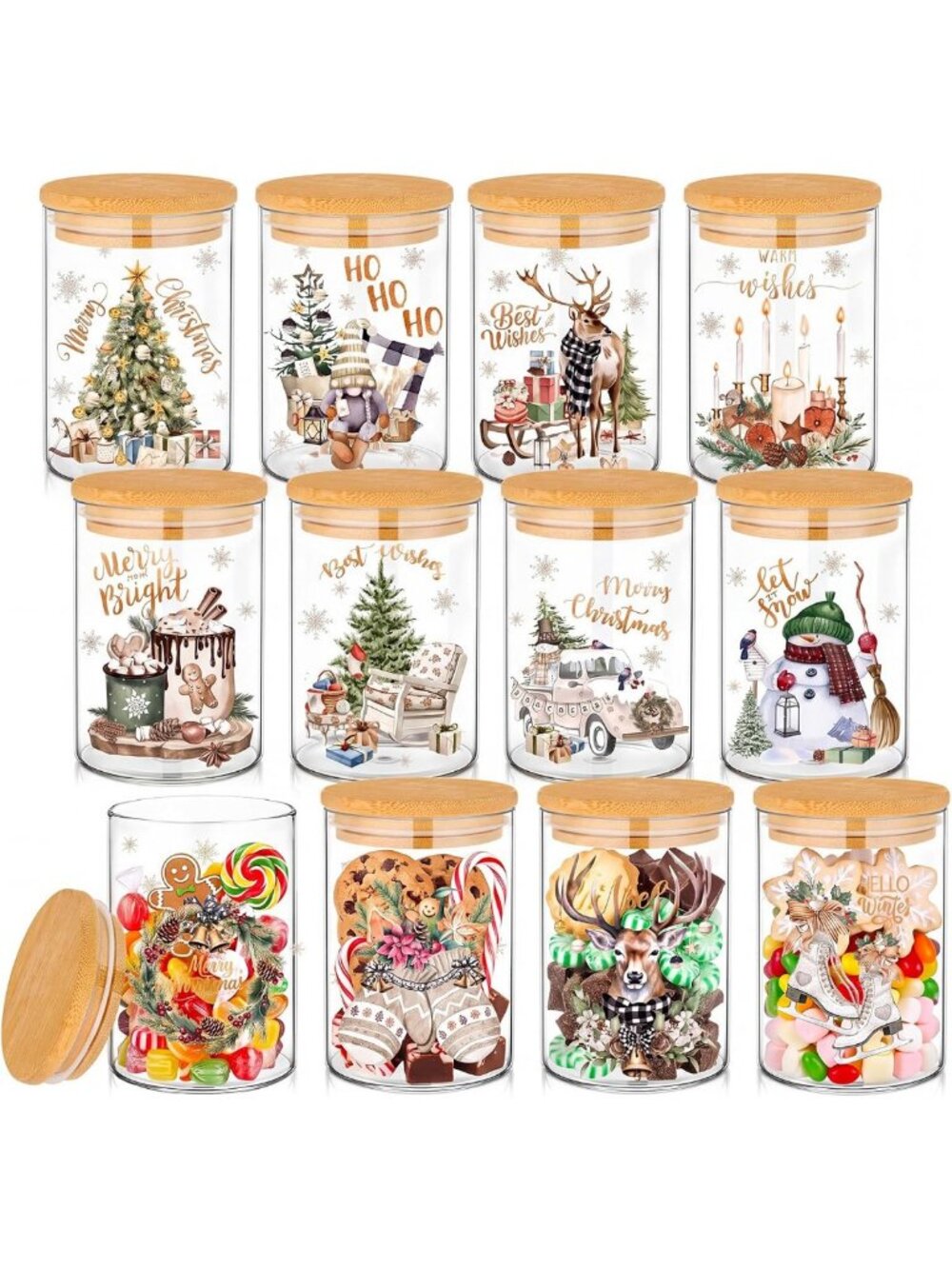 Rustic Christmas Glass Storage Jars Set of 12 with Airtight Bamboo Lids